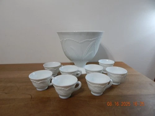 Vintage Indiana Glass Pebble Leaf Milk Glass Pedestal Punch Bowl w/8 Punch Cups