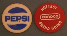 2 Conoco Plastic Tokens Pepsi Logo on one with Behm's Service Chip tray17-24
