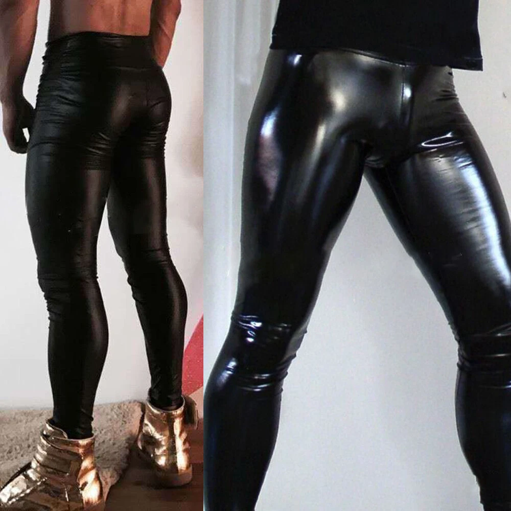 Sexy Men Faux Leather Leggings Wet Look Long Pants Night Clubwear