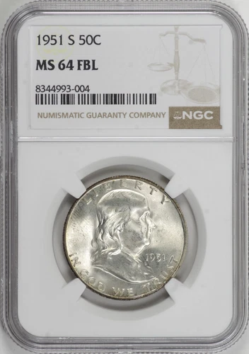 1951-S Franklin Half Dollar 50c NGC MS64 FBL - Attractive Original [BN004]