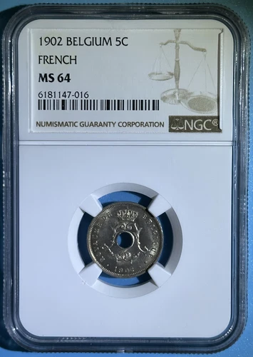 Belgium 1902 5 Centimes CN Coin in French BELGIQUE Choice BU NGC MS 64 KM# 46