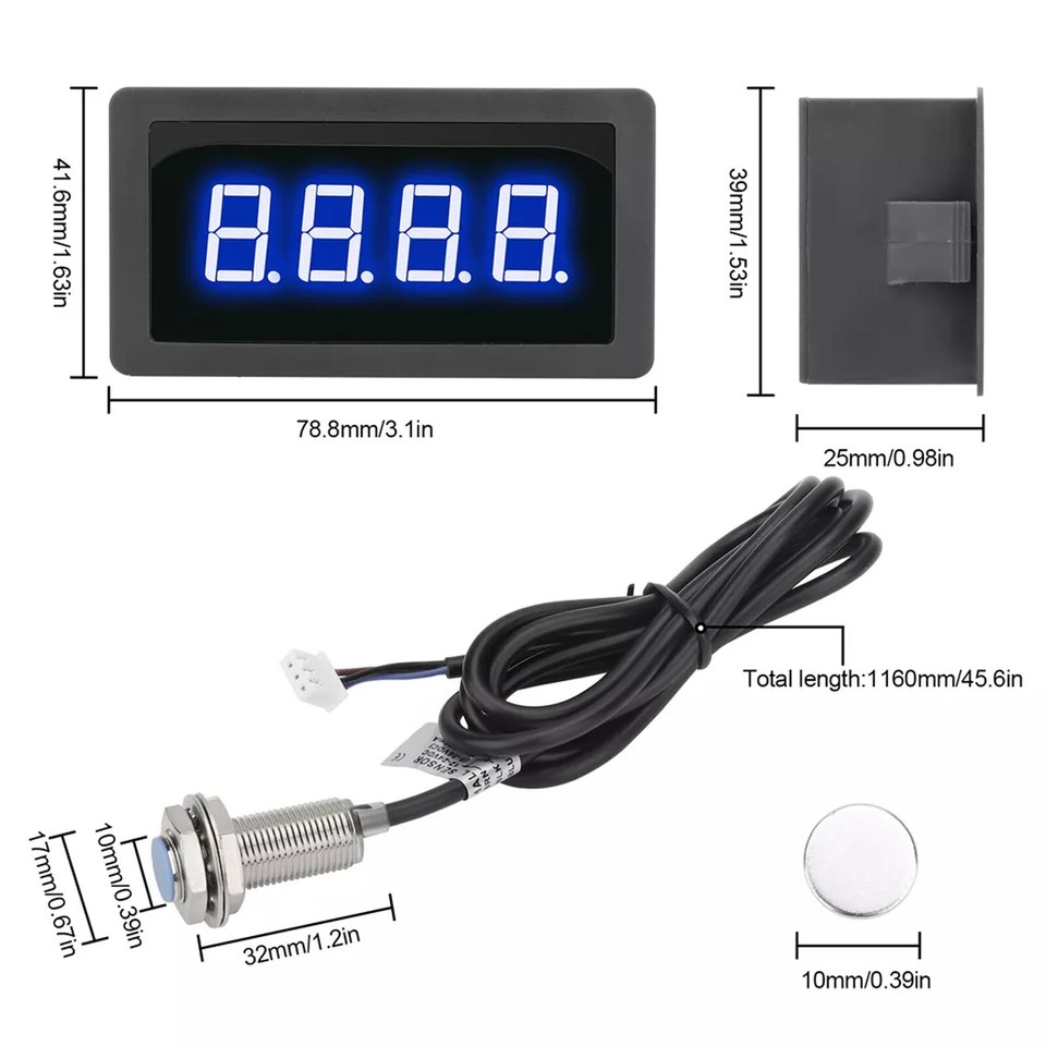 4 Digital LED Tachometer for Lathe & Conveyor Belt + Hall Sensor 8-24V ...