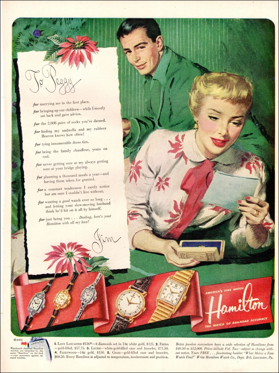 1950s vintage Christmas AD for HAMILTON Watches , Men's & Womens 121021 |  eBay