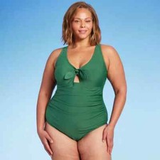 Kona Sol Women's Tie-Front Ruched High Coverage One Piece Swimsuit Green Size 14