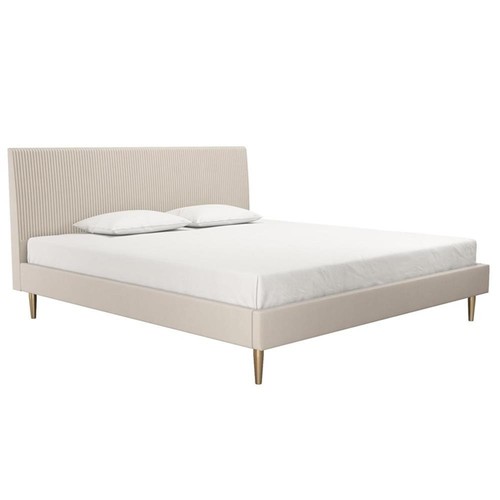 Pemberly Row Upholstered Velvet & Fabric King Platform Bed in Ivory - Picture 2 of 3