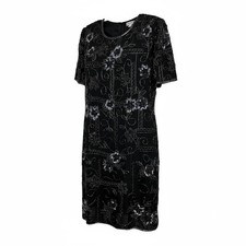 Vintage Night Vogue Black Silk Beaded Floral Short Sleeve Cocktail Dress Size S