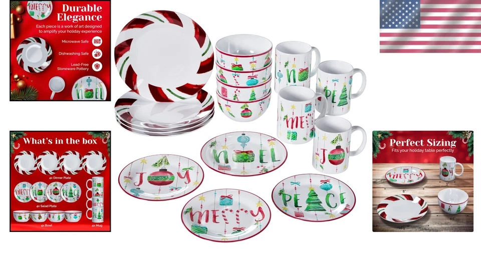 Juego completo de cena de Navidad de 16 piezas - gres duradero para cada ocasión Foto 2 de 4