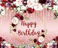 10x8ft Floral Happy Birthday Backdrop for Women Glitter Burgundy Flowers