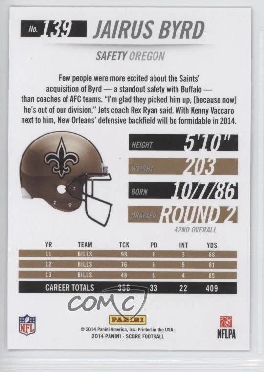 2014 Panini Hot Rookies Showcase /79 Jairus Byrd #139 - Image 2 of 2