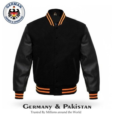 Black Varsity Letterman Wool Body Genuine Leather Sleeves Baseball Bomber Jacket