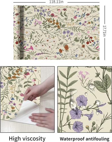 Floral Wallpaper Peel and Stick - Farm Floral Wall Paper Wildwood Self 17.3"x118 - Picture 7 of 12