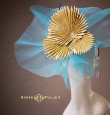 Aimee Fuller Kentucky Derby Fascinator Hat Turquoise Aqua Blue Gold Palm Leaf