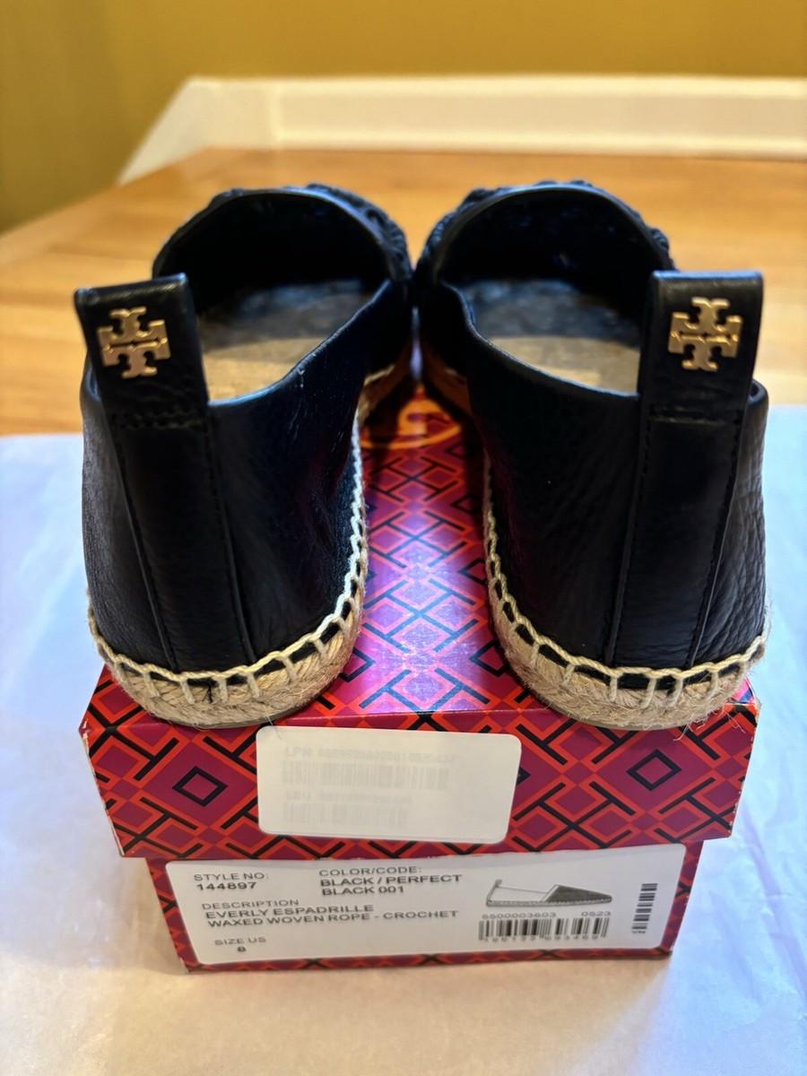 Tory Burch Everly Leather Crochet Espadrille Size 8 Black $298