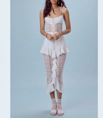 For Love & Lemons Lovebird Lace Flounce Tiered Layered Ruffles Midi Dress L  Mint | eBay