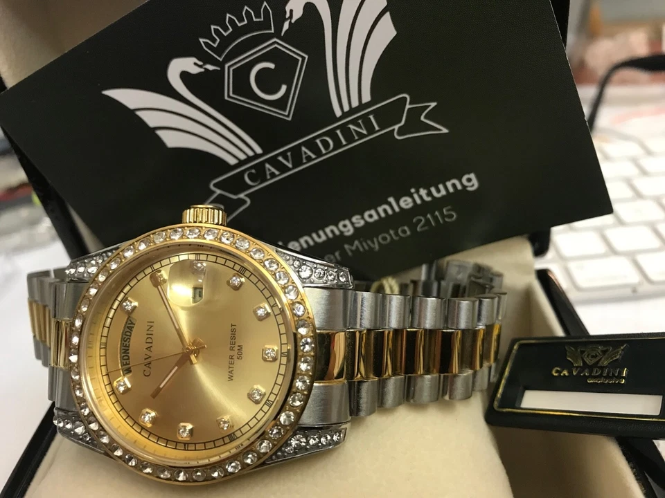 Cavadini Leonardo Herrenuhr massiv Edelstahl IPG-vergoldet bicolor Zirkonia  - Bild 4 von 4