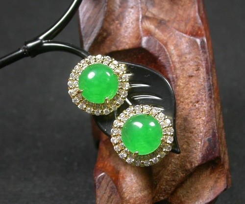 Ice Green Jade Cabochon Imitation Diamond Flower Yellow Gold Plate Stud Earrings - Picture 3 of 7