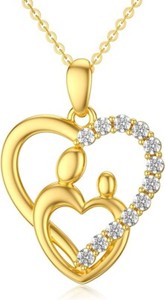 Authentic 0.50 Ct Round Moissanite Mother Child Heart Love Pendant 14K Yellow Gold Plated