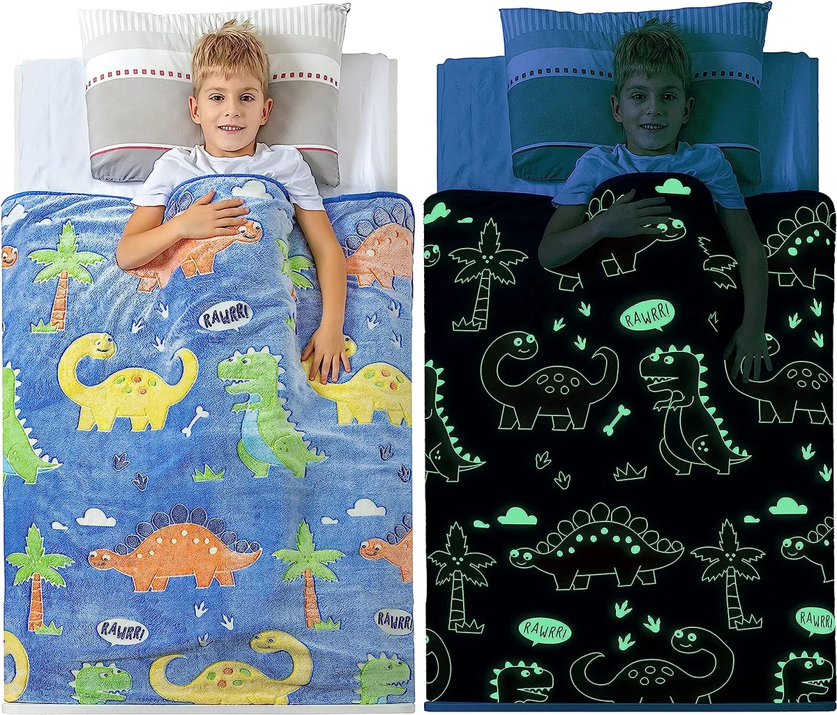 Glow in the Dark Dinosaur Blanket for Boys Soft Plush Blue Fleece