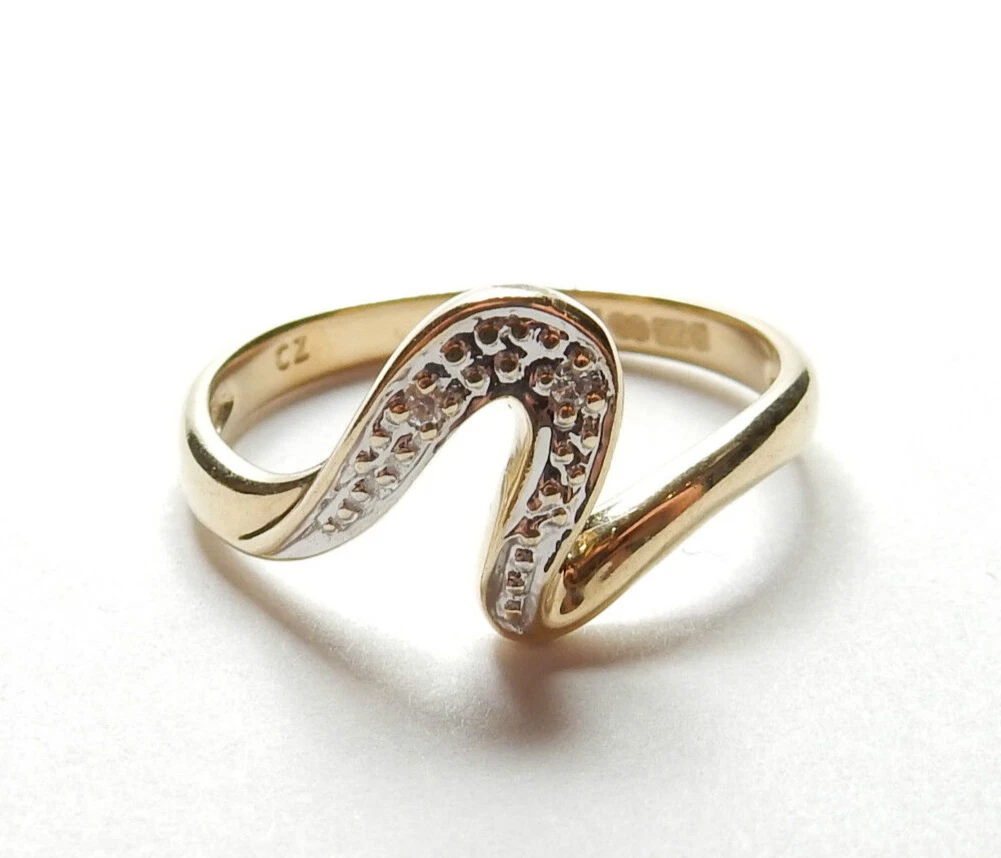 Yellow Gold CZ Ring Stackable Wave Unusual Design 9 Carat Gold