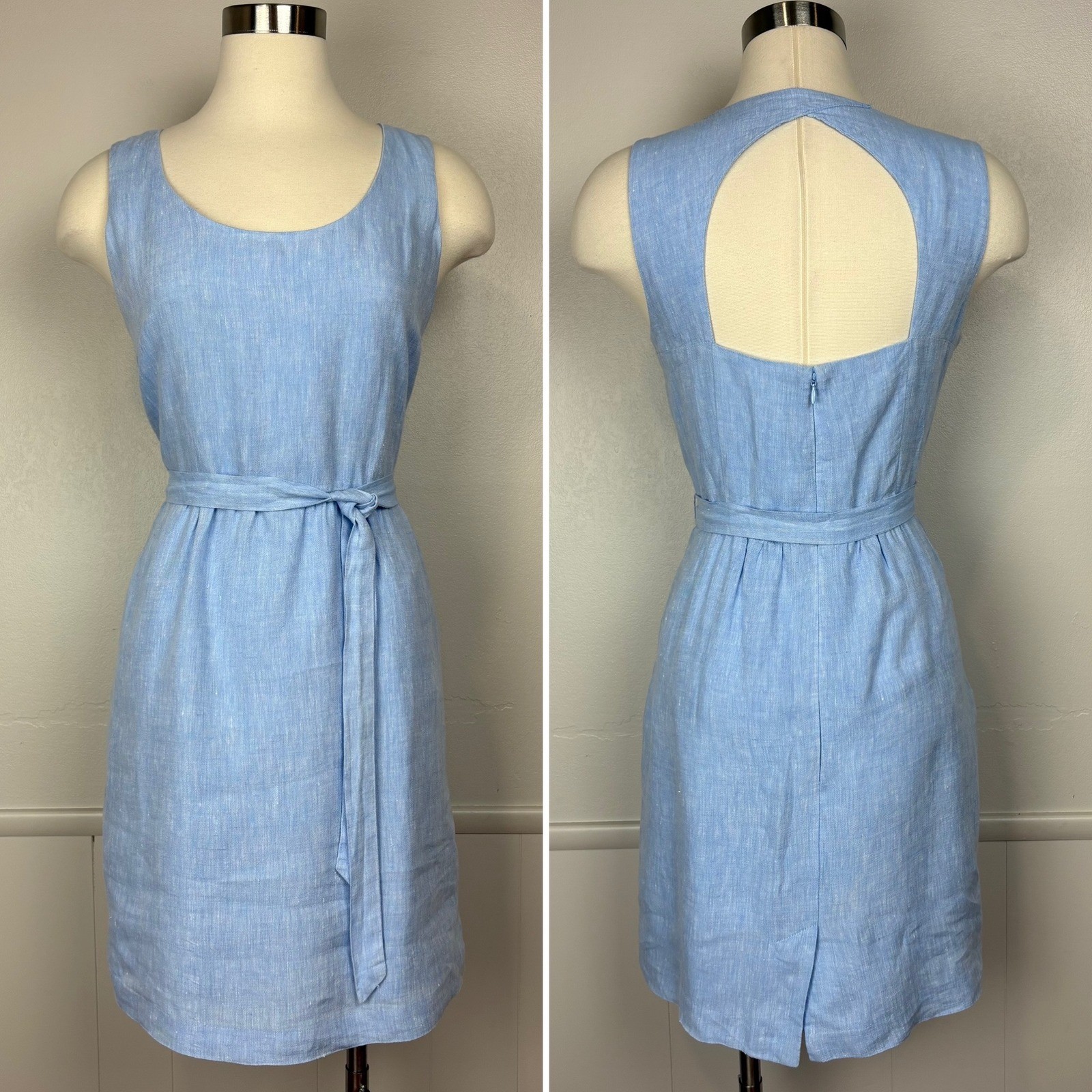 Ann Taylor Loft Linen Dress Sz 8 Sky Blue Back Cut-Out Summery Tie Waist Preppy