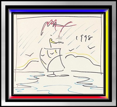 Peter Max Original Color Ink Drawing Signed Sailboat Cosmic Pop Art Hand Signed