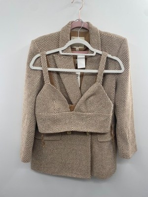 with tags  LAGENCE Tweed Blazer Jacket  Bra Top Womens 4 Beige Button G1N