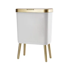 4 Gallon Gold & White Trash Can with Lid – Modern Plastic Garbage Bin with Push 