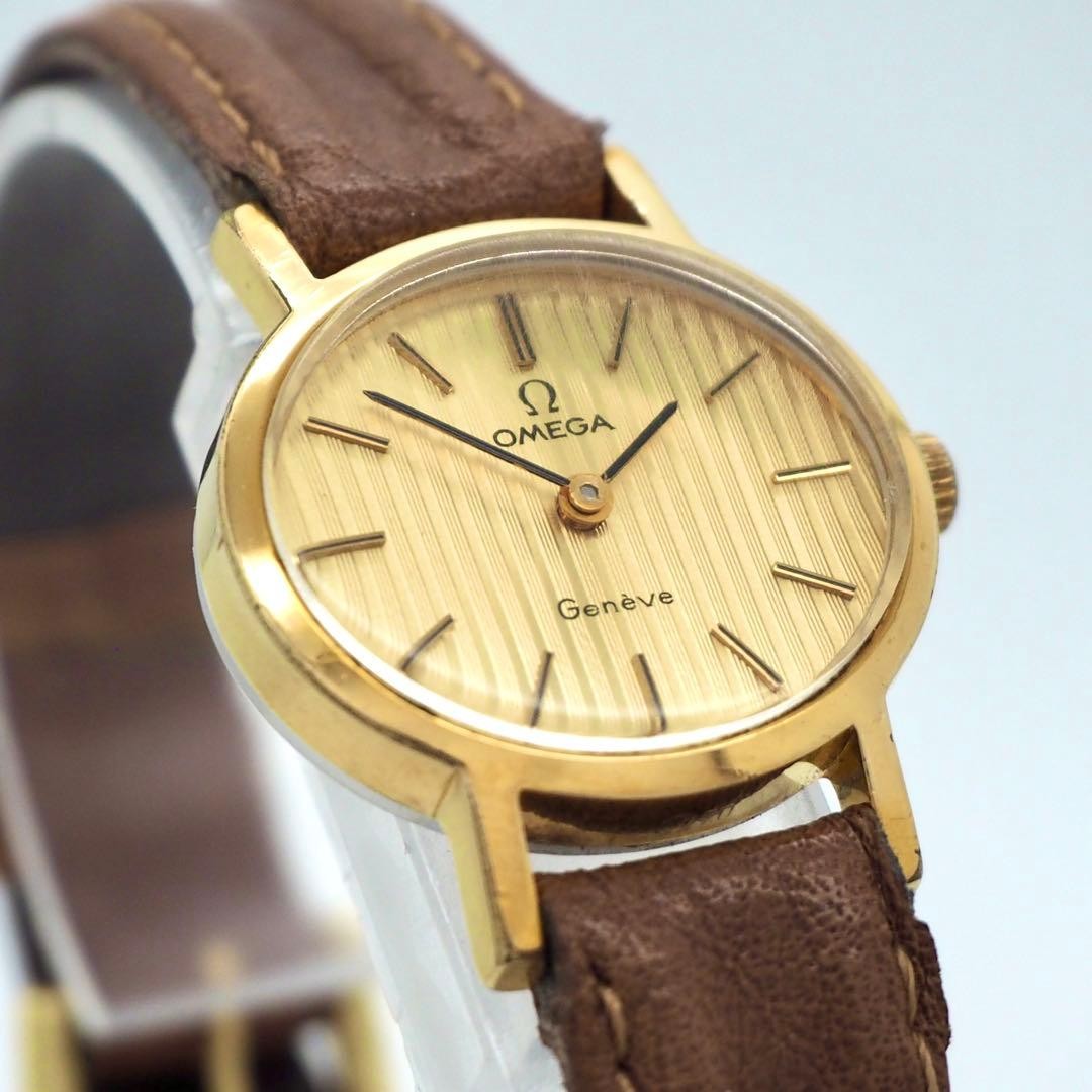 OMEGA Oval Vintage Watch Gold Dial 23mm Manual Wind Stripe Dial New Belt image 6