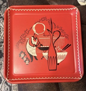 Vintage Marcelline Red Square Metal Serving Tray Chef BBQ Mid Century