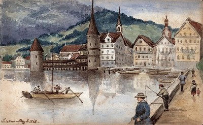 Luzern Schweiz - kleines Aquarell Gemälde - 19. Jahrhundert 1868 Grand Tour