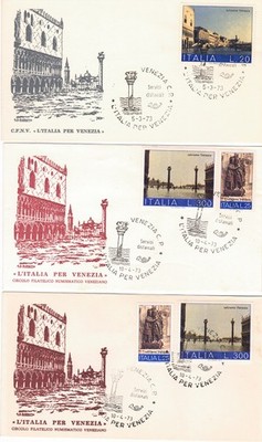 1973 '' Italien für Venedig '' Annulli FDC 5.3 und 10.4.73 Serie von 5V auf 3 Umschlägen