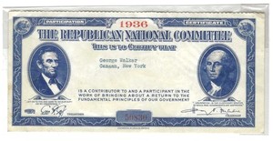 1936 Republican Party Participation Certificate w/ Lincoln & Washington Portrait