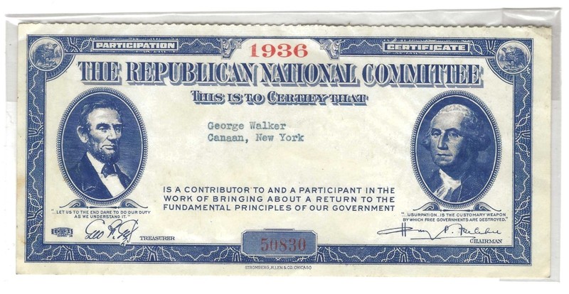 1936 Republican Party Participation Certificate w/ Lincoln & Washington Portrait