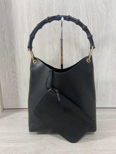Gucci Bamboo Leather Tote Bag Handbag Black With Pouch