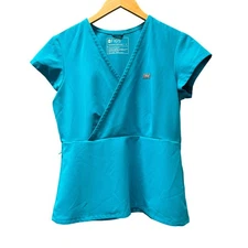 FIGS Scrub Top Womens Small Tivoli Slim Peplum Blue Pullover Short Sleeve V-Neck