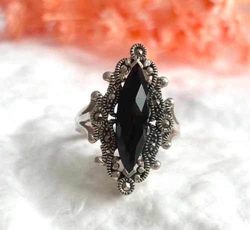 Art Deco Black Oynx Marquise Cut Marcasite Sterling Silver 925 Vintage Ring sz 8