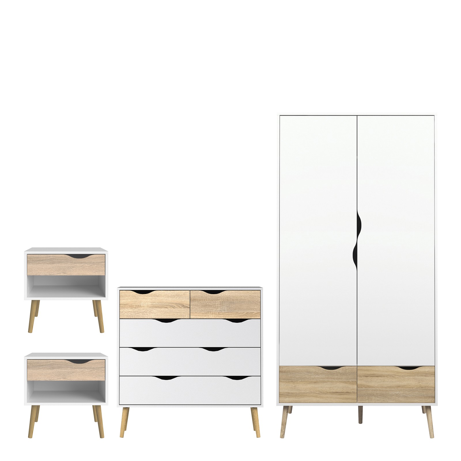 4 Piece Bedroom Set - White & Oak, Wardrobe, Chest, Bedside & Bed, Modern