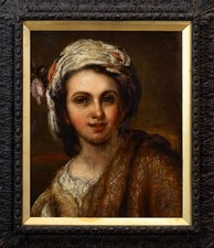 Reuben Sayers (1815-1888) Girl in Turban, Antique Oil Portrait | Carved Frame