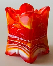 Vintage 80s Degenhart Glass Logo & Portrait Red Slag Toothpick Holder UV Glows