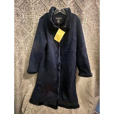 Centigrade Navy Faux Fur Vegan Suede Long Coat M Women QVC feature NWT