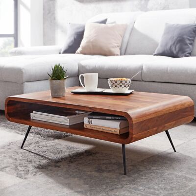 FineBuy Couchtisch Sheesham Massivholz 90cm Retro Design Ablage Wohnzimmertisch