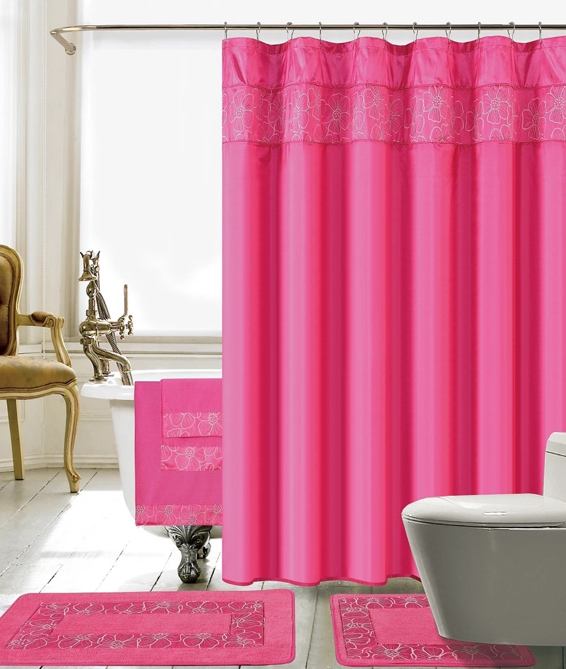 BH HOME & LINEN 18 Piece Lilian Embroidery Banded Shower Curtain Bath Set (Hot Pink)