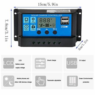 10A/20/30A PWM Solar Charge Controller 12V 24V Auto Dual USB Solar Panel Charger