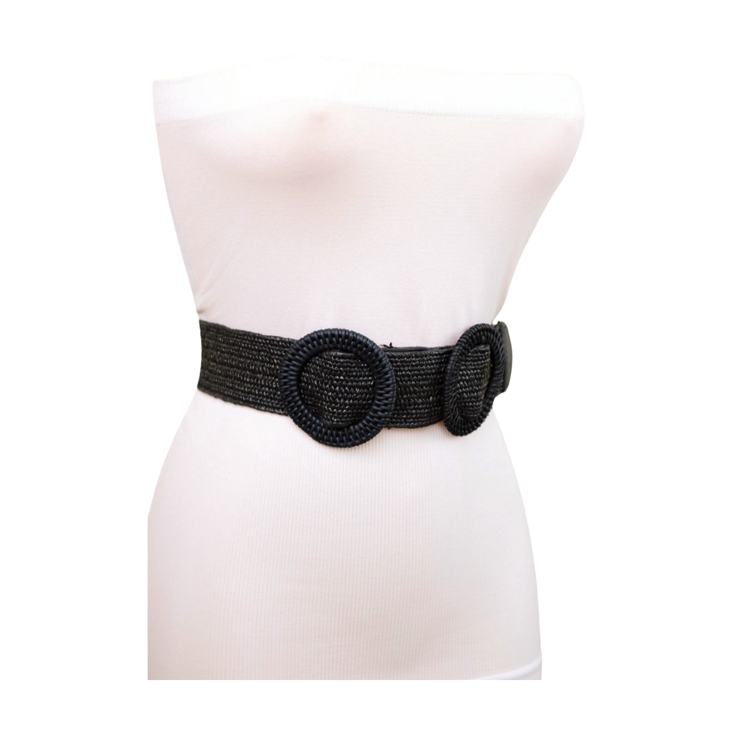 Women Black Braided Elastic Strap Fabric Belt Double Round Buckle Fit Size S M L