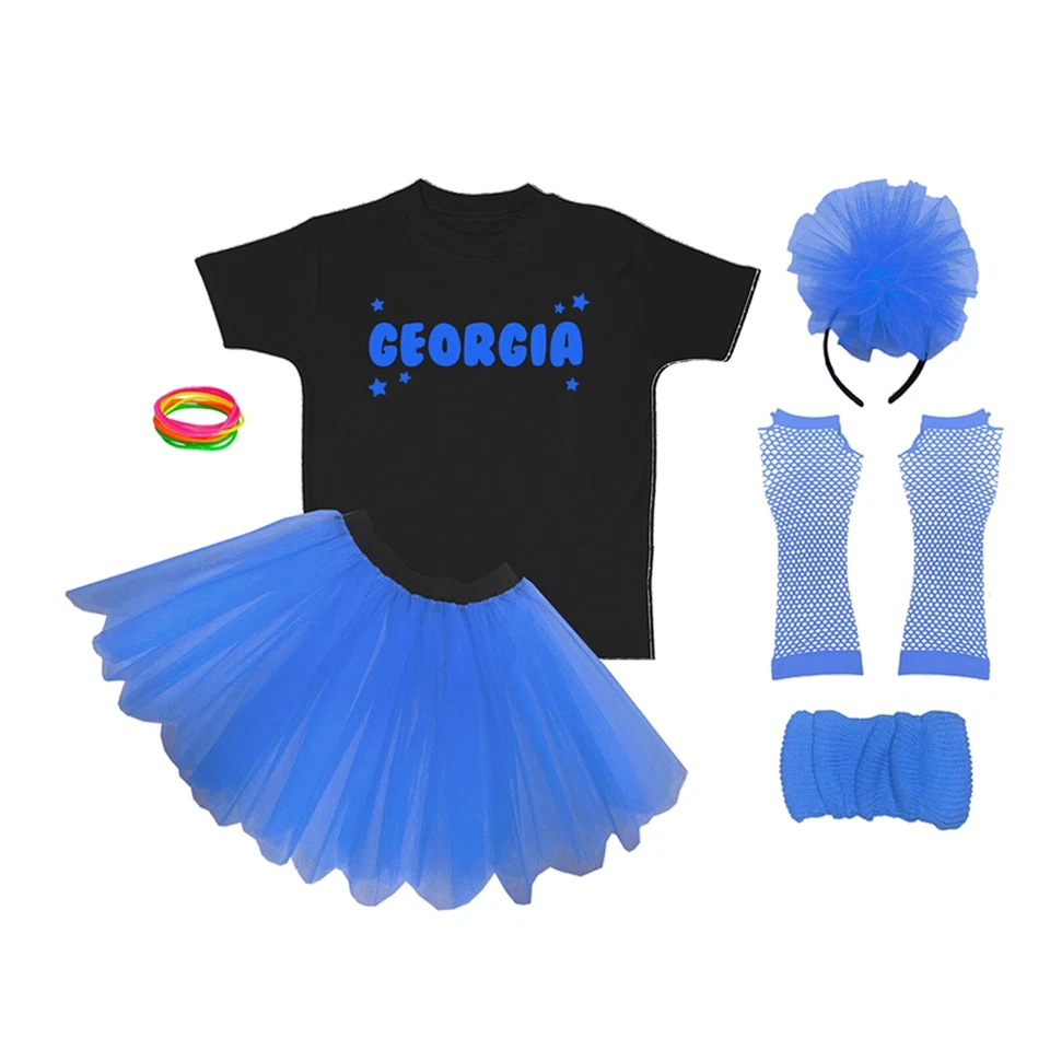 Kids 80s Fancy Dress  Neon Costume Personalise Set Girls 4 - 12 Years Glow Party - Image 2 of 4