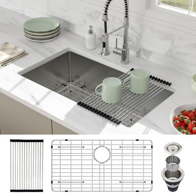 32'' Undermount Kitchen Sink Single Bowl Stainless Steel with Grid & Roll Up Rack