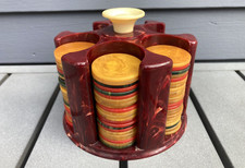 Vintage burgundy swirl plastic catalin poker chip caddy  chips yellow red green