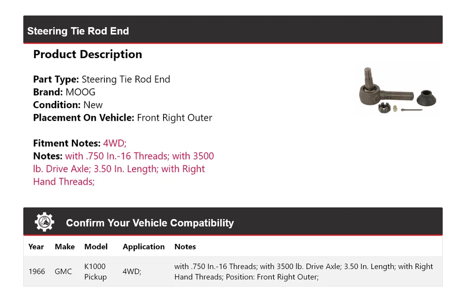 Para camioneta GMC K1000 1966 4x4 extremo de barra de dirección delantero derecho exterior MOOG Foto 2 de 4