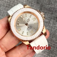 Tandorio 40mm NH35A PT5000 Auto Rose Gold Men Watch White Rubber Strap Luminous