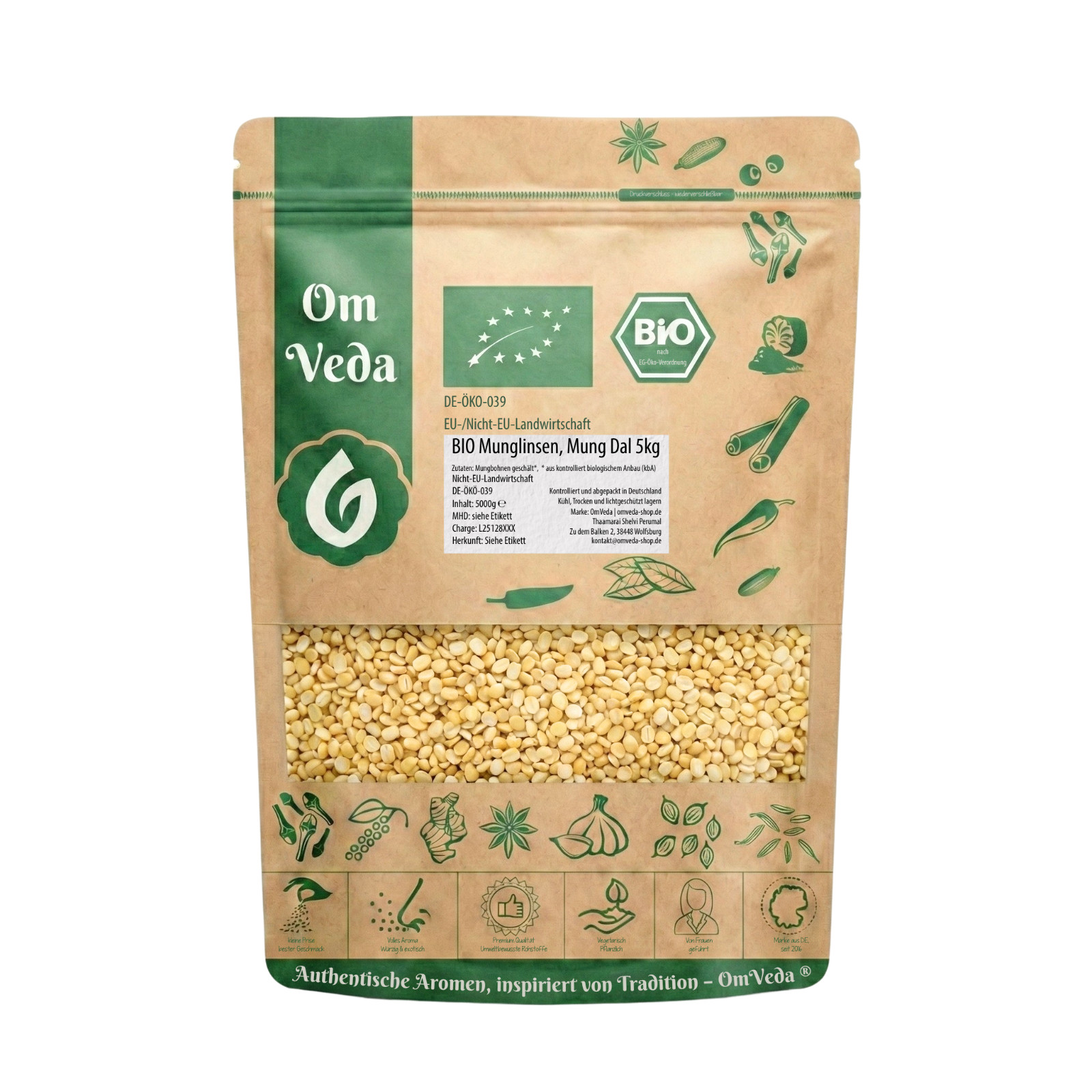 OmVeda BIO Mung Dal 5kg Mungbohnenhälften geschält gelb vegan